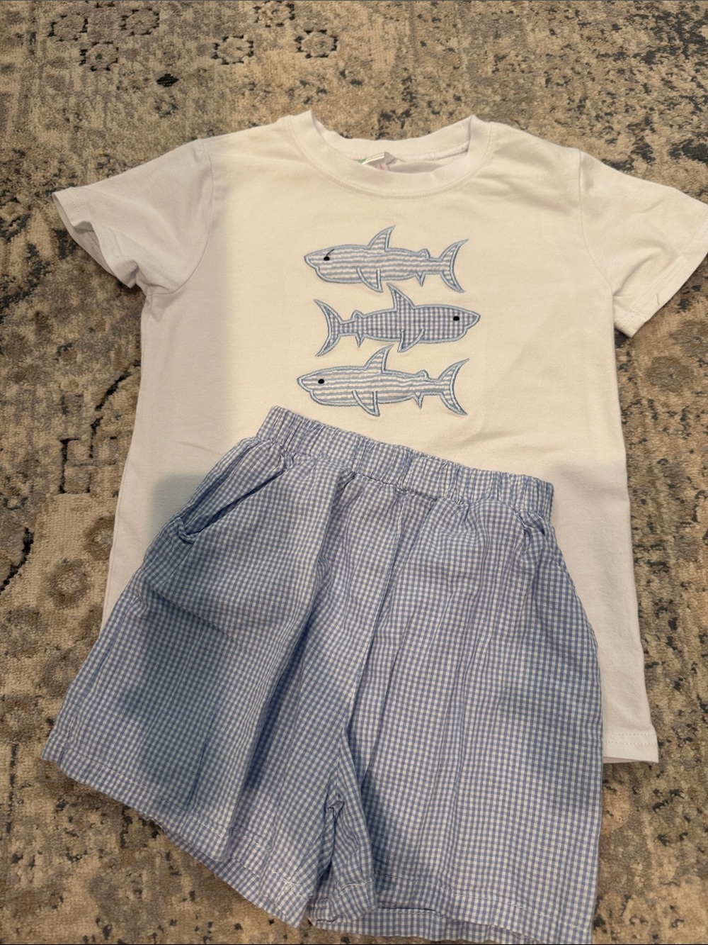Kids Matching Set - White Top with Blue Shark Appliqué & Blue Gingham Shorts